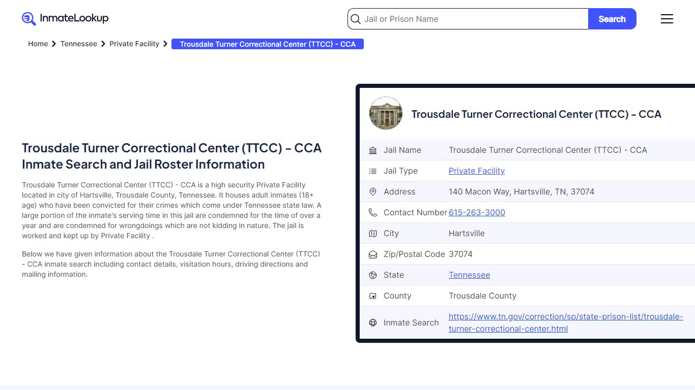 Trousdale Turner Correctional Center (TTCC) - CCA Inmate Search, Jail ...